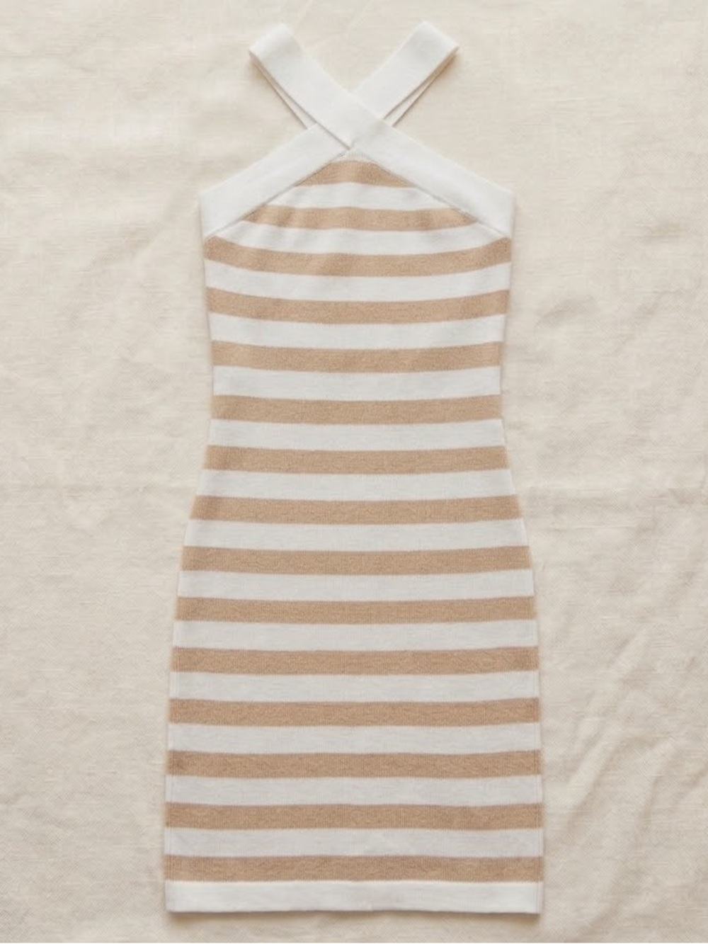 Babaton Striped Halter Sculpt Knit Mini Dress in Cream and Tan Medium